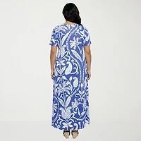 24seven Comfort Apparel Womens Plus Scoop Neck Short Sleeve Paisley A-Line Dress