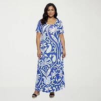 24seven Comfort Apparel Womens Plus Scoop Neck Short Sleeve Paisley A-Line Dress
