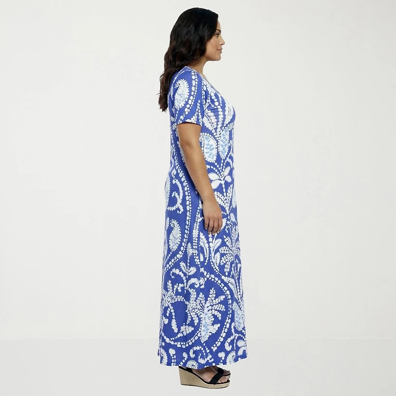 24seven Comfort Apparel Womens Plus Scoop Neck Short Sleeve Paisley A-Line Dress