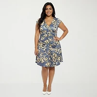 24seven Comfort Apparel Ruched Front Womens Plus Short Sleeve Abstract Wrap Dress