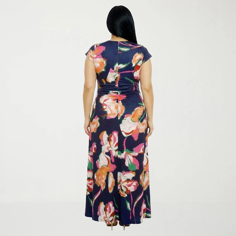 24seven Comfort Apparel Womens Plus Short Sleeve Floral Wrap Dress