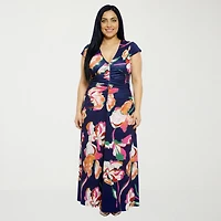 24seven Comfort Apparel Womens Plus Short Sleeve Floral Wrap Dress