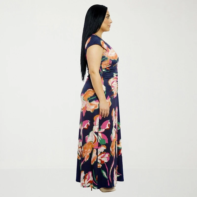 24seven Comfort Apparel Womens Plus Short Sleeve Floral Wrap Dress