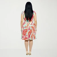 24seven Comfort Apparel Womens Plus V Neck Short Sleeve Abstract A-Line Dress