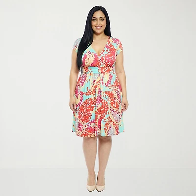 24seven Comfort Apparel Womens Plus V Neck Short Sleeve Abstract A-Line Dress