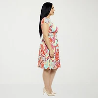 24seven Comfort Apparel Womens Plus V Neck Short Sleeve Abstract A-Line Dress