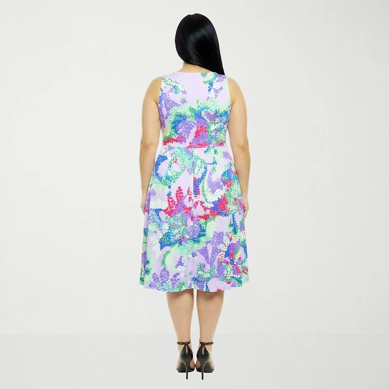 24seven Comfort Apparel Womens Plus Midi V Neck Sleeveless Abstract Fit + Flare Dress