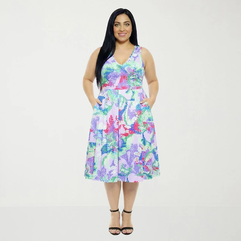 24seven Comfort Apparel Womens Plus Midi V Neck Sleeveless Abstract Fit + Flare Dress