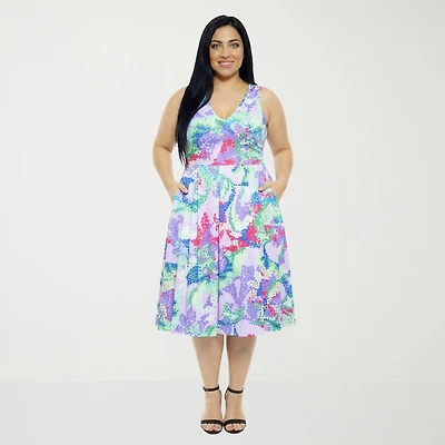 24seven Comfort Apparel Womens Plus Midi V Neck Sleeveless Abstract Fit + Flare Dress