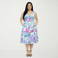 24seven Comfort Apparel Womens Plus Midi V Neck Sleeveless Abstract Fit + Flare Dress