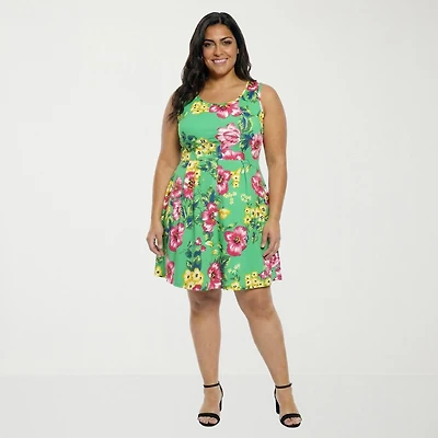 24seven Comfort Apparel Pleated Pocket Womens Plus Sleeveless Floral Skater Dress