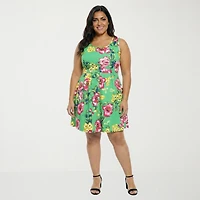 24seven Comfort Apparel Pleated Pocket Womens Plus Sleeveless Floral Skater Dress
