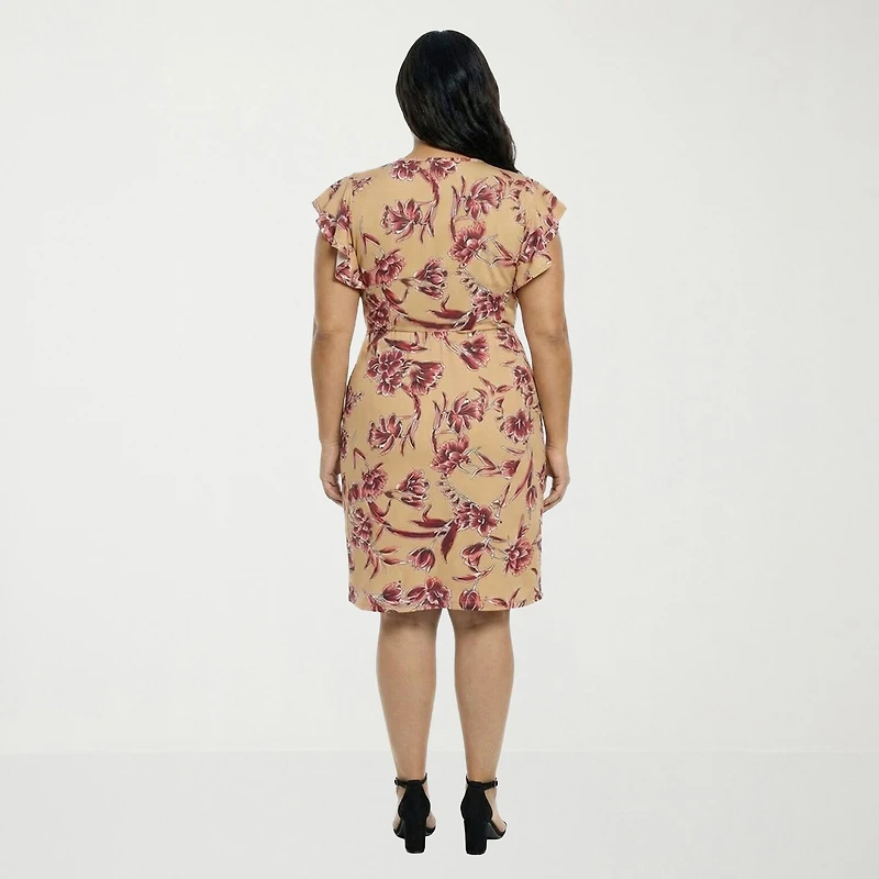 24seven Comfort Apparel Womens Plus Short Sleeve Floral Wrap Dress