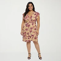 24seven Comfort Apparel Womens Plus Short Sleeve Floral Wrap Dress