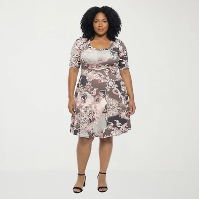24seven Comfort Apparel Womens Plus Scoop Neck Elbow Sleeve Paisley A-Line Dress