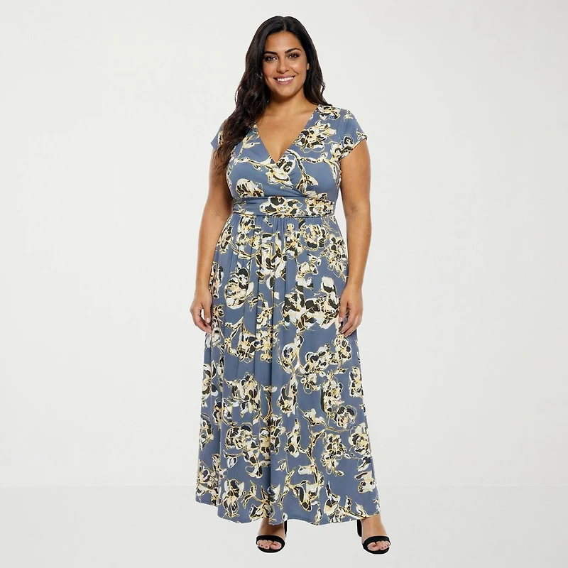 24seven Comfort Apparel Womens Plus V Neck Short Sleeve Maxi Dress