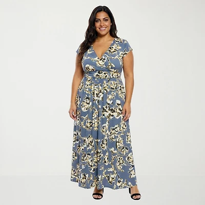 24seven Comfort Apparel Womens Plus V Neck Short Sleeve Maxi Dress
