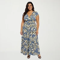 24seven Comfort Apparel Womens Plus V Neck Short Sleeve Maxi Dress