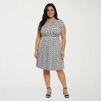 24seven Comfort Apparel Womens Plus V Neck Short Sleeve Paisley A-Line Dress