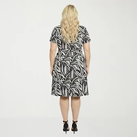 24seven Comfort Apparel Womens Plus Midi V Neck Short Sleeve Abstract A-Line Dress