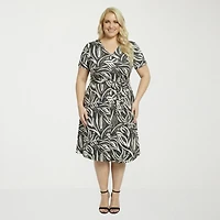 24seven Comfort Apparel Womens Plus Midi V Neck Short Sleeve Abstract A-Line Dress