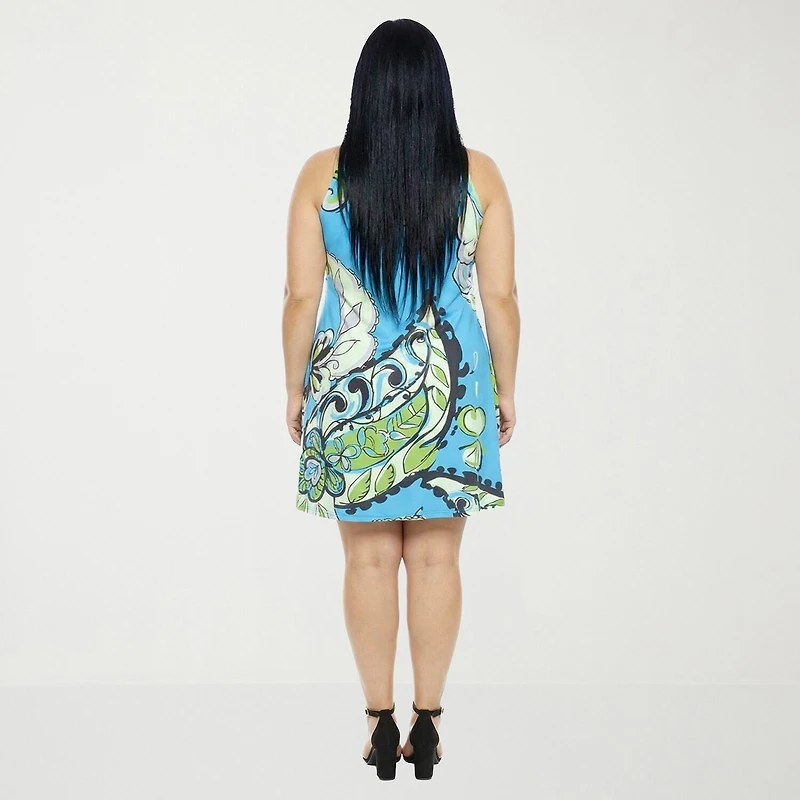24seven Comfort Apparel Womens Plus Keyhole Neck Sleeveless Floral A-Line Dress