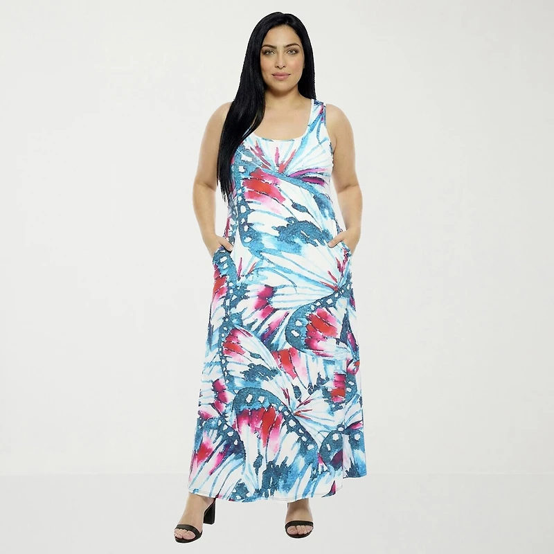 24seven Comfort Apparel Womens Plus Scoop Neck Sleeveless Maxi Dress