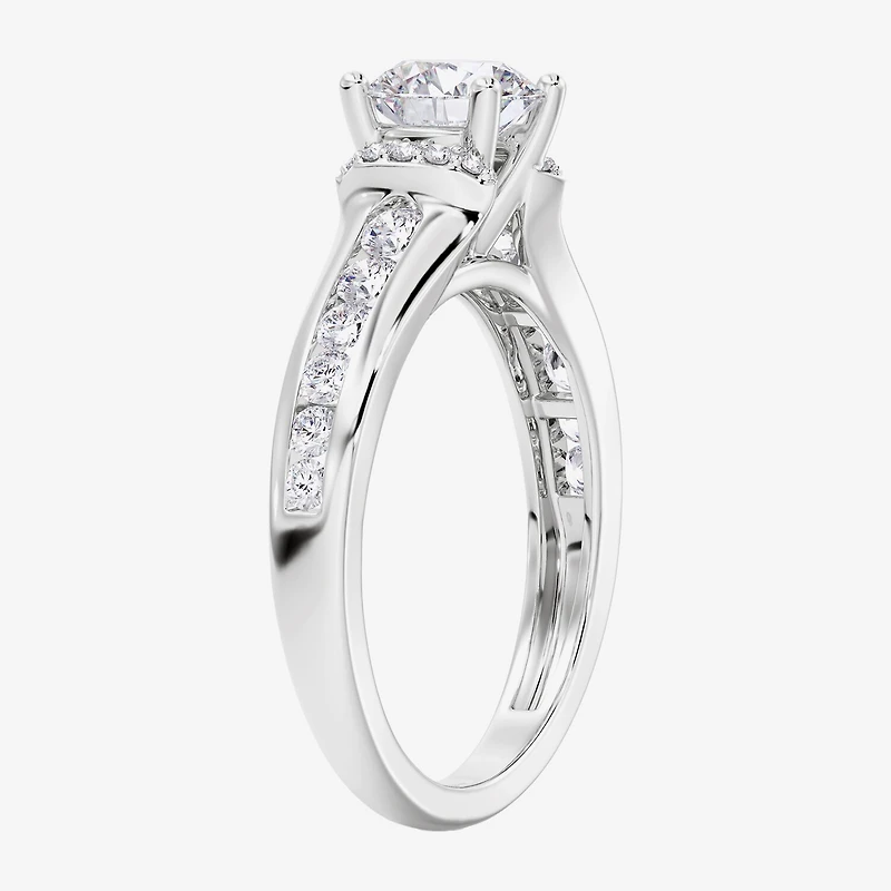 (F / Vs2) Womens 1 1/2 CT. T.W. Lab Grown White Diamond 10K Gold Round Side Stone Engagement Ring