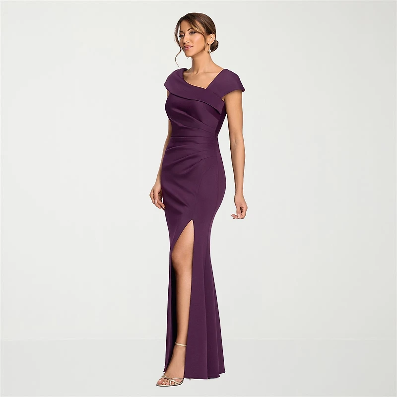 DJ Jaz Womens Asymmetrical Neck Short Sleeve Evening Gown