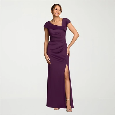 DJ Jaz Womens Asymmetrical Neck Short Sleeve Evening Gown