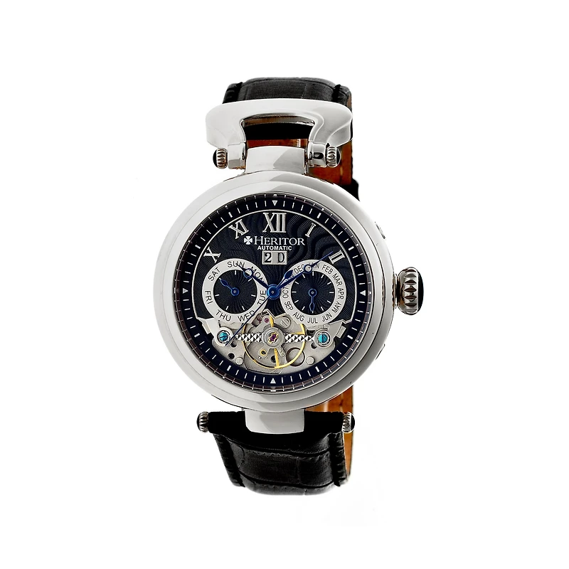 Heritor Automatic Ganzi Mens Leather Day&Date-Silver/Black Watches