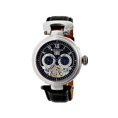 Heritor Automatic Ganzi Mens Leather Day&Date-Silver/Black Watches