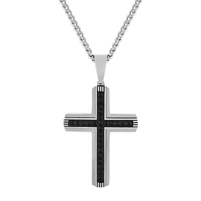 Mens Black Cubic Zirconia Stainless Steel Cross 24 Inch Pendant Necklace