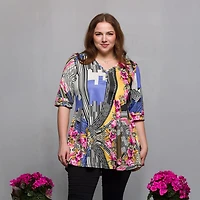 24seven Comfort Apparel Plus Womens V Neck Elbow Sleeve Tunic Top