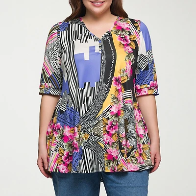 24seven Comfort Apparel Plus Womens V Neck Elbow Sleeve Tunic Top