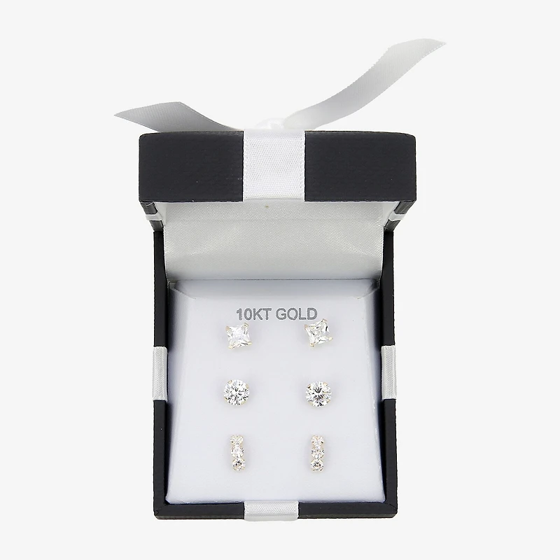 Womens White Cubic Zirconia 10K Gold 3 Pair Earring Set