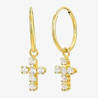 Cross Womens White Cubic Zirconia 14K Gold Cross Hoop Earrings