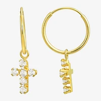 Cross Womens White Cubic Zirconia 14K Gold Cross Hoop Earrings