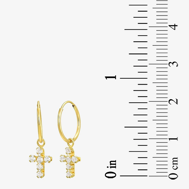 Cross Womens White Cubic Zirconia 14K Gold Cross Hoop Earrings