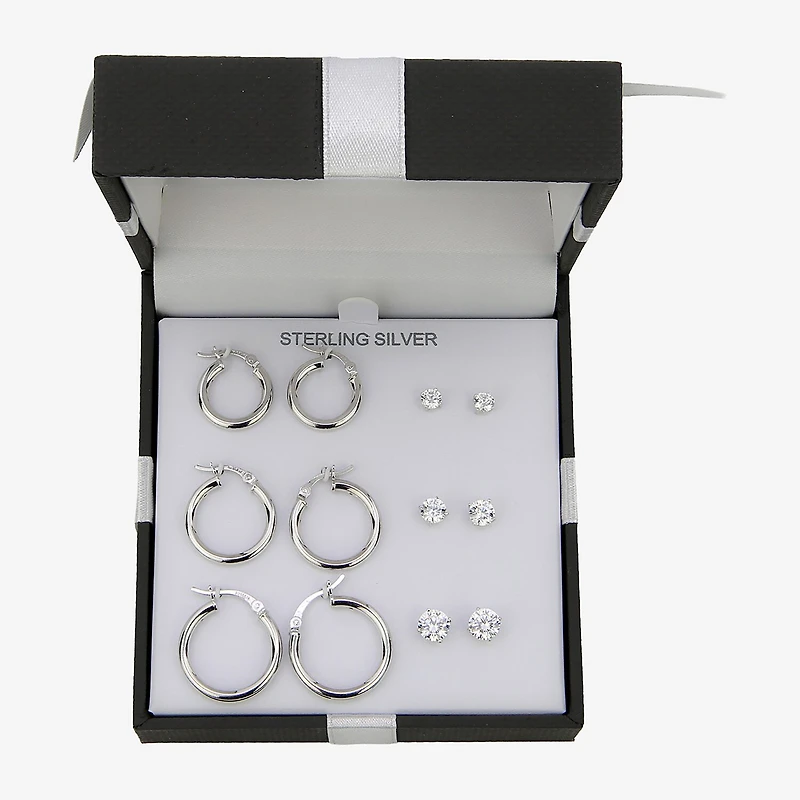 Womens Sterling Silver Round 6 Pair Earring Set