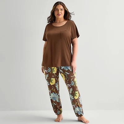 Liz Claiborne Womens Round Neck Short Sleeve 2-pc. Plus Pajama Set