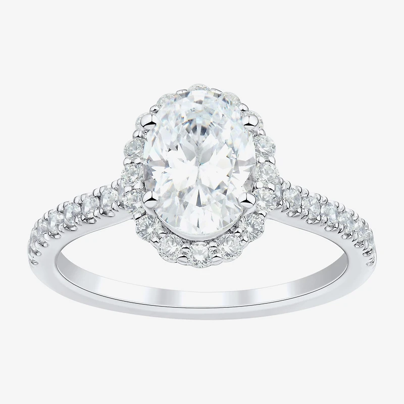 (H-I / Si1-Si2) Womens 2 CT. T.W. Lab Grown White Diamond 10K Gold Oval Side Stone Halo Engagement Ring