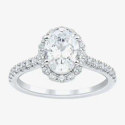(H-I / Si1-Si2) Womens 2 CT. T.W. Lab Grown White Diamond 10K Gold Oval Side Stone Halo Engagement Ring