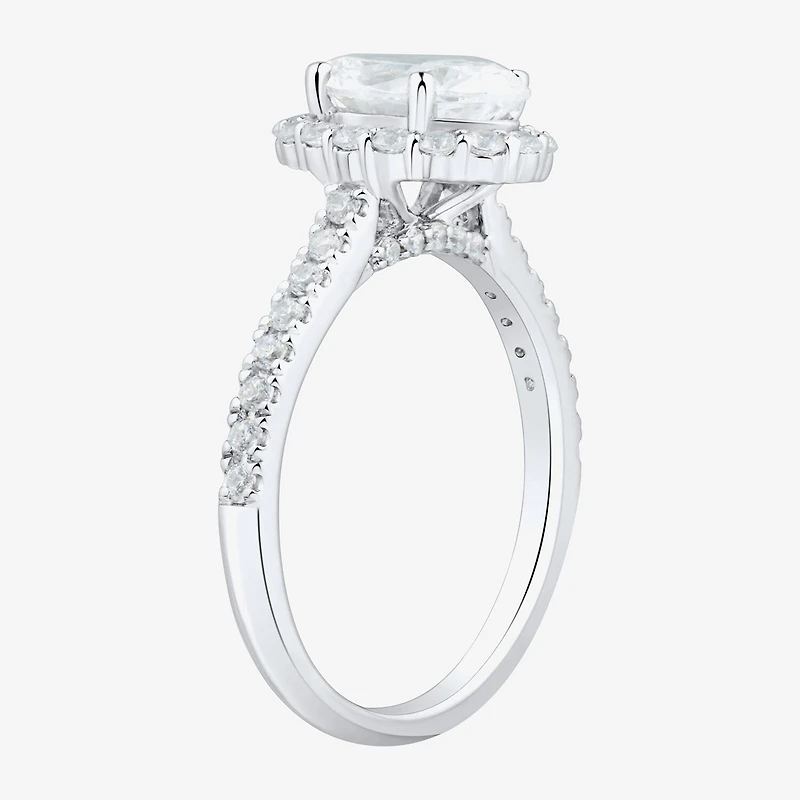 (H-I / Si1-Si2) Womens 2 CT. T.W. Lab Grown White Diamond 10K Gold Oval Side Stone Halo Engagement Ring