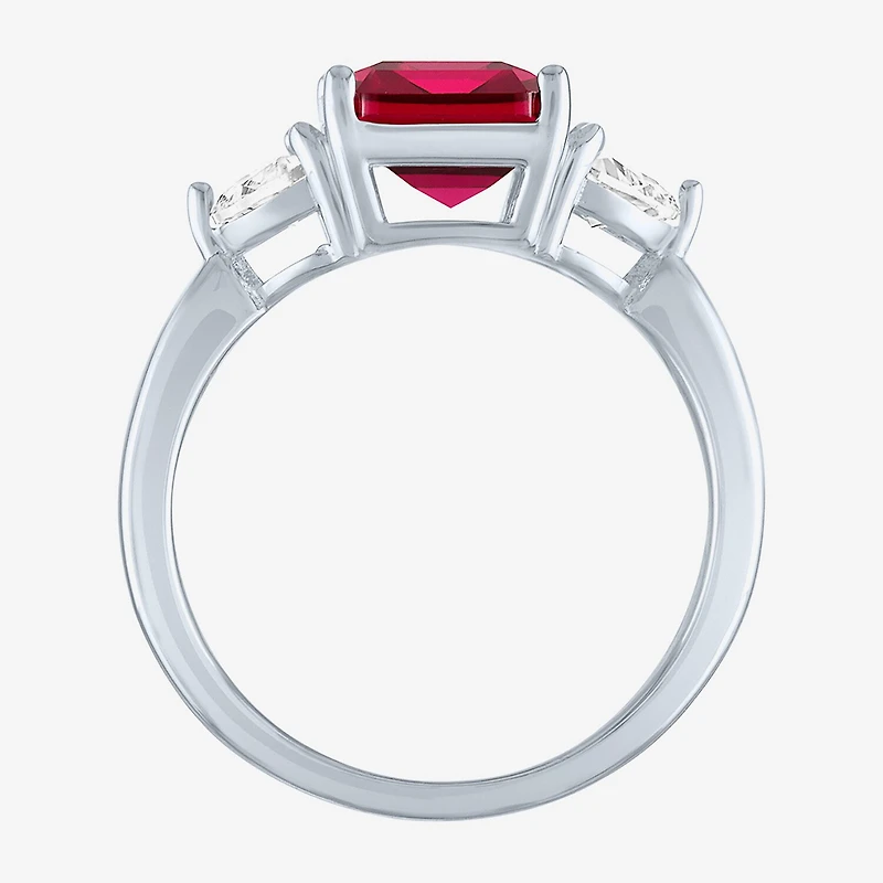 Womens Lab Created Red Ruby Sterling Silver Side Stone Cocktail Ring