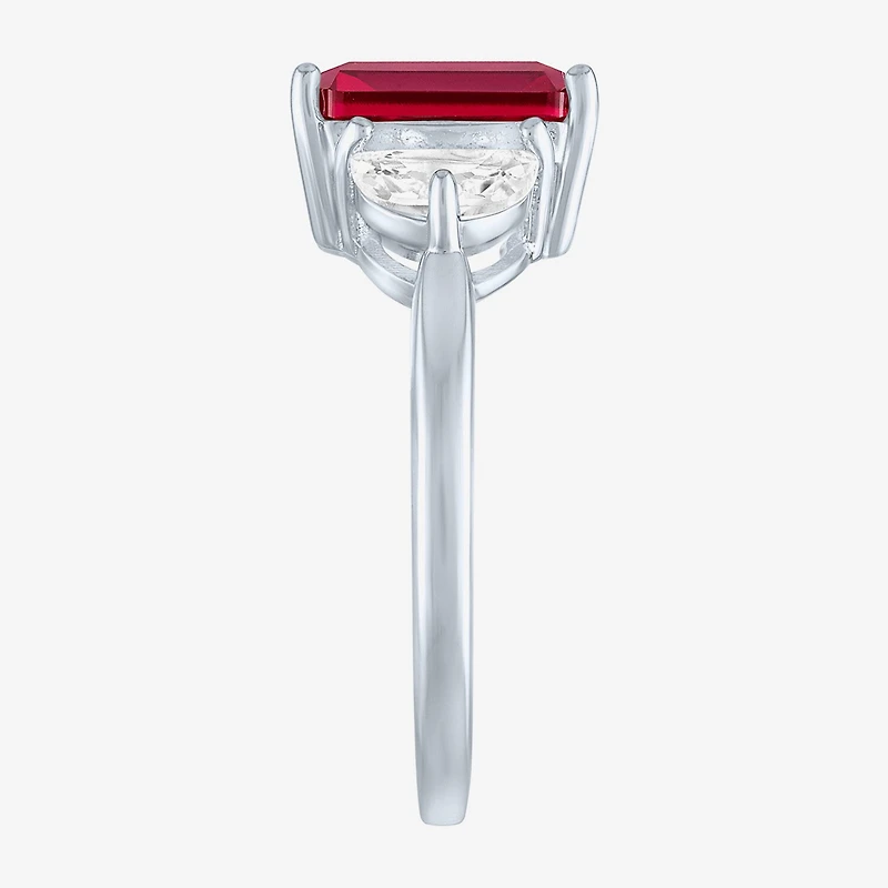 Womens Lab Created Red Ruby Sterling Silver Side Stone Cocktail Ring
