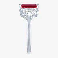 Womens Lab Created Red Ruby Sterling Silver Side Stone Cocktail Ring
