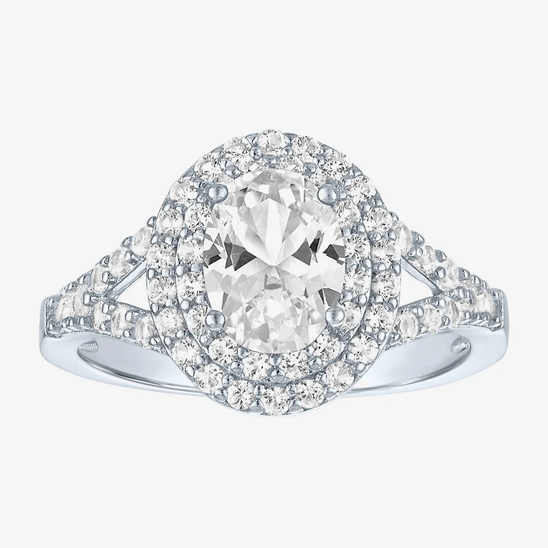 Womens Lab Created White Sapphire Sterling Silver Round Halo Cocktail Ring