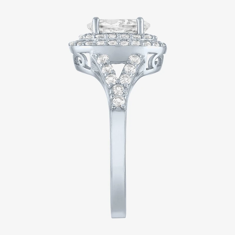Womens Lab Created White Sapphire Sterling Silver Round Halo Cocktail Ring