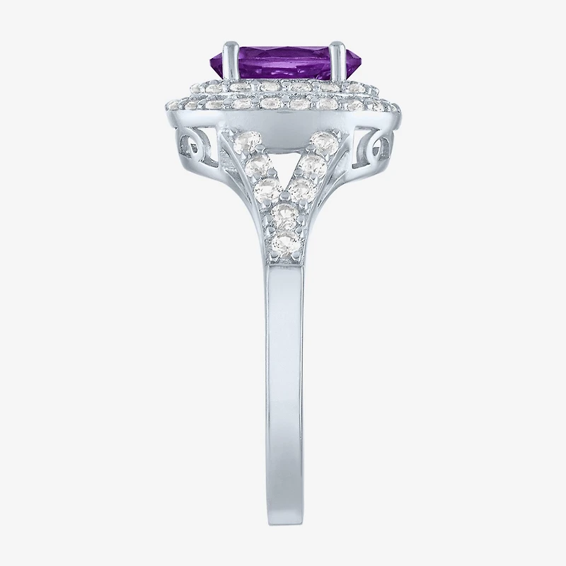 Gemstone and Lab-Created White Sapphire Sterling Silver Oval Double Halo Cocktail Ring